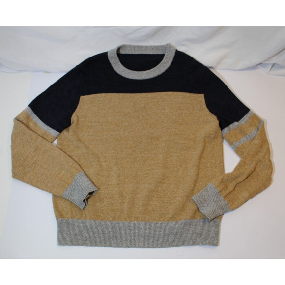 J Crew Tan Gray Black Color Block Knit Sweater Crewneck Men's L/XL Wool Blend - Picture 1 of 10